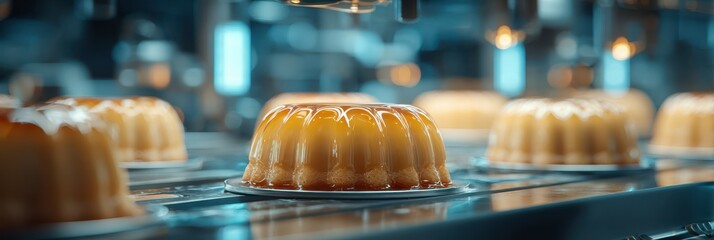 Confectionery production line showcasing gelatin desserts in a modern factory setting during daytime