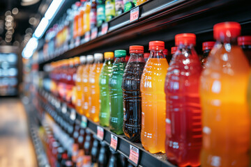Convenience store shelf with beverage section, soft blur, high-resolution background