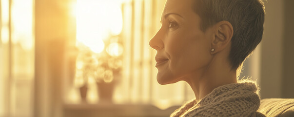 Thoughtful woman reviews her cancer insurance policy while enjoying the warm glow of sunset in her home