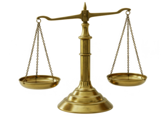 A golden brass scale, a symbol of justice and balance, isolated on transparent background
