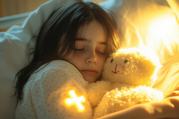 Young girl finds comfort in her stuffed toy while resting in a hospital bed during the evening