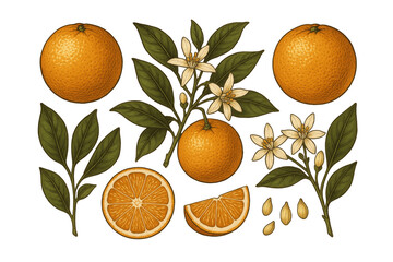 Botanical illustration of oranges with blossoms and leaves.