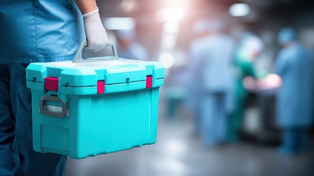 Medical professional in scrubs carrying cooler marked for organ transport, sterile and secure environment for transplantation logistics
