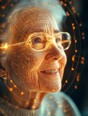 Elderly woman enjoys glowing video chat with family, expressing warmth and happiness in her cozy living room during an evening call