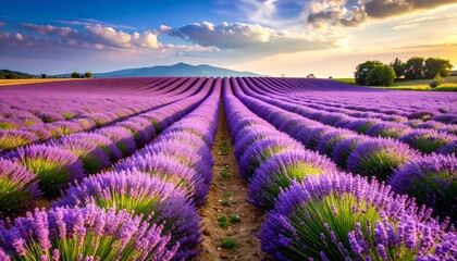 Naklejka premium Lavender field in Provence France with rows of purple flowers and blue sky