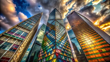 A lowangle view of four modern skyscrapers against a dramatic sunset sky, their glass facades reflecting the vibrant colors of the clouds