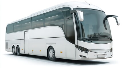 Modern white tour bus, front-side view, transparent background illustration
