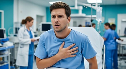 Fototapeta premium Man experiencing chest pain in hospital setting with medical professionals nearby