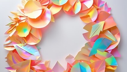 Iridescent paper craft wreath with circular and leaf shapes on a white background studio shot art