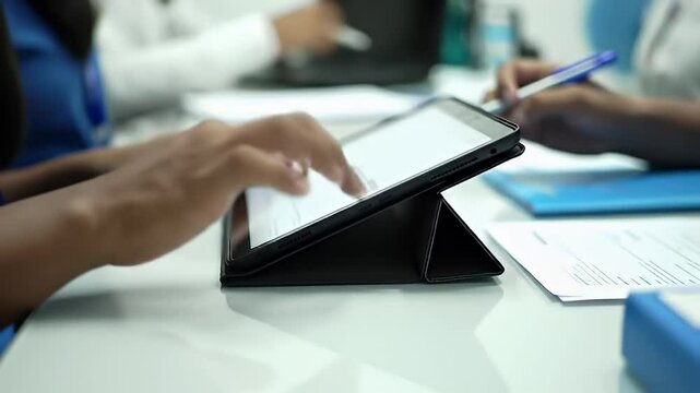 Person using a tablet in a meeting setting on white table with papers and blue folder