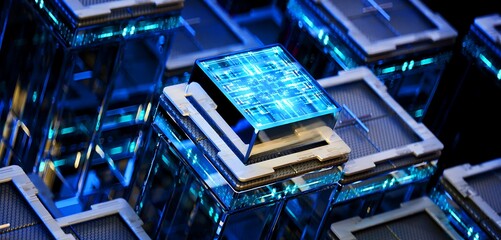 3D rendering of cyberpunk AI. Circuit board. Technology background. Central Computer Processors CPU and GPU concept. Motherboard digital chip. Tech science background.