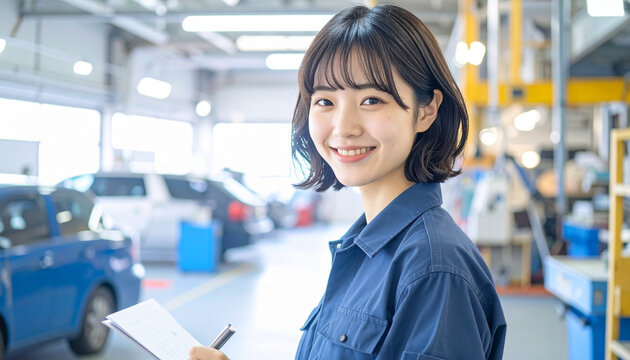 車検書類を記入する若手女性整備士 – Young Female Mechanic Filling Out Vehicle Inspection Form