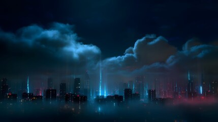 Obraz premium Midnight clouds drifting above neon lit skyline futuristic cyberpunk style city glowing lights piercing night sky cinematic urban sci fi scene atmosphere custom dark neon cyberpunk city background