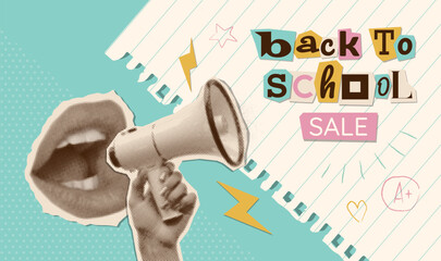 Back to school sale banner template. Special offer. Halftone hand with loudspeaker with shouting mouth and torn out notebook sheet with funny cutout letters. Mixed media vector design