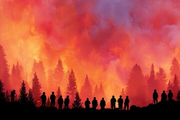 Silhouettes of firefighters stand against a massive forest wildfire with vibrant flames and thick smoke rising into the sky, capturing the intensity and danger of climate-driven disasters.