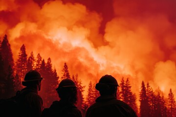 Silhouettes of firefighters stand against a massive forest wildfire with vibrant flames and thick smoke rising into the sky, capturing the intensity and danger of climate-driven disasters.