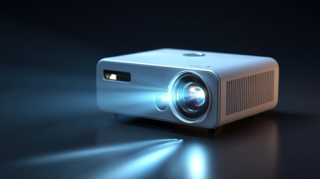3D render of a portable mini projector with lens glow