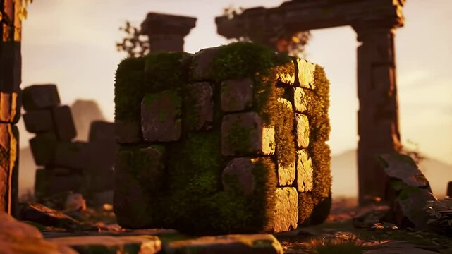 Moss-covered stone cube stands among ruins, bathed in a warm, soft light