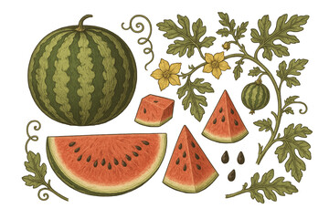 Detailed botanical illustration of watermelon fruit and plant