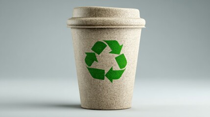 3D render of plant fiber cup, recyclable symbol visible, isolated on clean white background