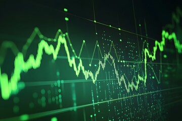 Obraz premium Glowing green stock graph surges upward on sleek dark background, symbolizing financial growth and success.