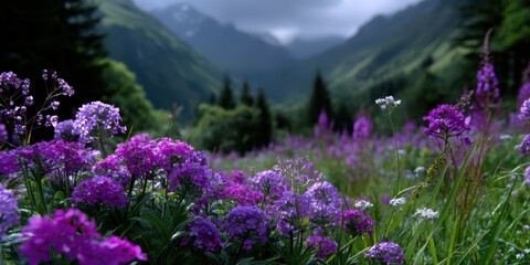 Colorful wildflowers bloom in a serene mountain valley under cloudy skies during late spring