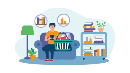 Man using mobile phone while sitting on a couch with shopping basket in a living room scene depicted