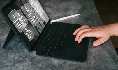 Human Resources management concept. Recruitment employment headhunting screen on digital tablet....