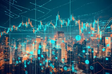 Abstract city skyline merged with stock market graph, symbolizing economic growth.
