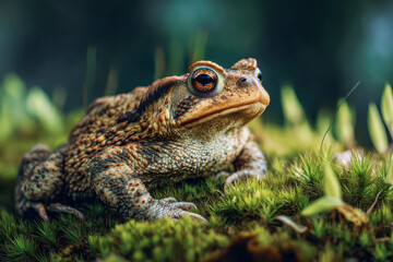 Fototapeta premium Toad Resting on Wet Moss in Natural Daylight