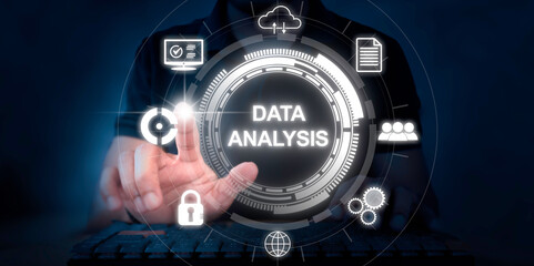 Man using finger to touch virtual screen about data analytics, database analysis network concept