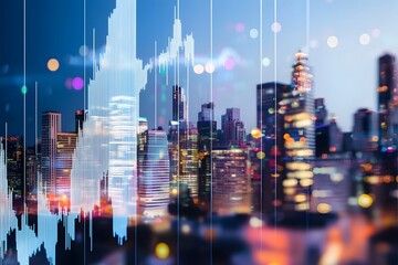 Abstract city skyline blends with rising stock market graph, representing dynamic urban economic growth.