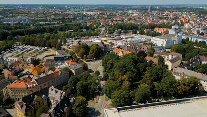 Aerial view of the old town of the city Augsburg Volksfest in Germany on an sunny day in spring