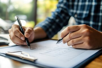 Auto check-up and car service shop concept: Mechanic writing a job checklist to estimate repair costs for the client, Generative AI