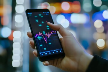 Close-up of hand holding smartphone showing real-time stock trading app.