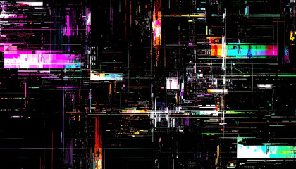 RGBズレと走査線のグリッチが広がるデジタル破損風背景 – Colorful Glitch Effect Background with RGB Shift and Scan Lines