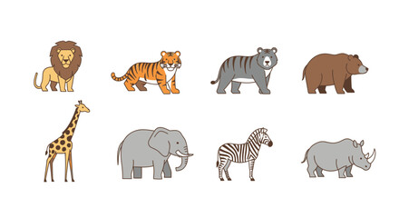 Vector cartoon wild animals vector illustration featuring lion tiger bear giraffe elephant zebra and rhino isolated