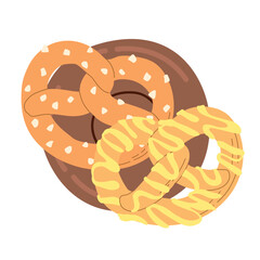 German beer and food festival with traditional cuisine isolated on simple background. Sausages, mustard, sauerkraut, bretzel. Hand drawn trendy flat vector illustrations for bar menu, beer festival.