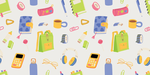 Back to school trendy hand drawn vector seamless pattern for education learning school and courses. International education day teachers day concept art for wallpaper wrapping paper fabrics design