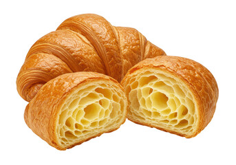 A freshly baked golden brown croissant is cut in half, showcasing its flaky layers, isolated on transparent background