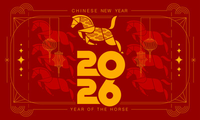 Chinese New Year 2026 ,Year of the Horse ,line art , outline , simple linear , geometric shape