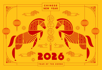 Chinese New Year 2026 ,Year of the Horse ,line art , outline , simple linear , geometric shape