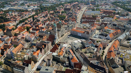 Fototapeta premium Aerial view of the old town and market place in the city Augsburg in Germany on an sunny day in spring