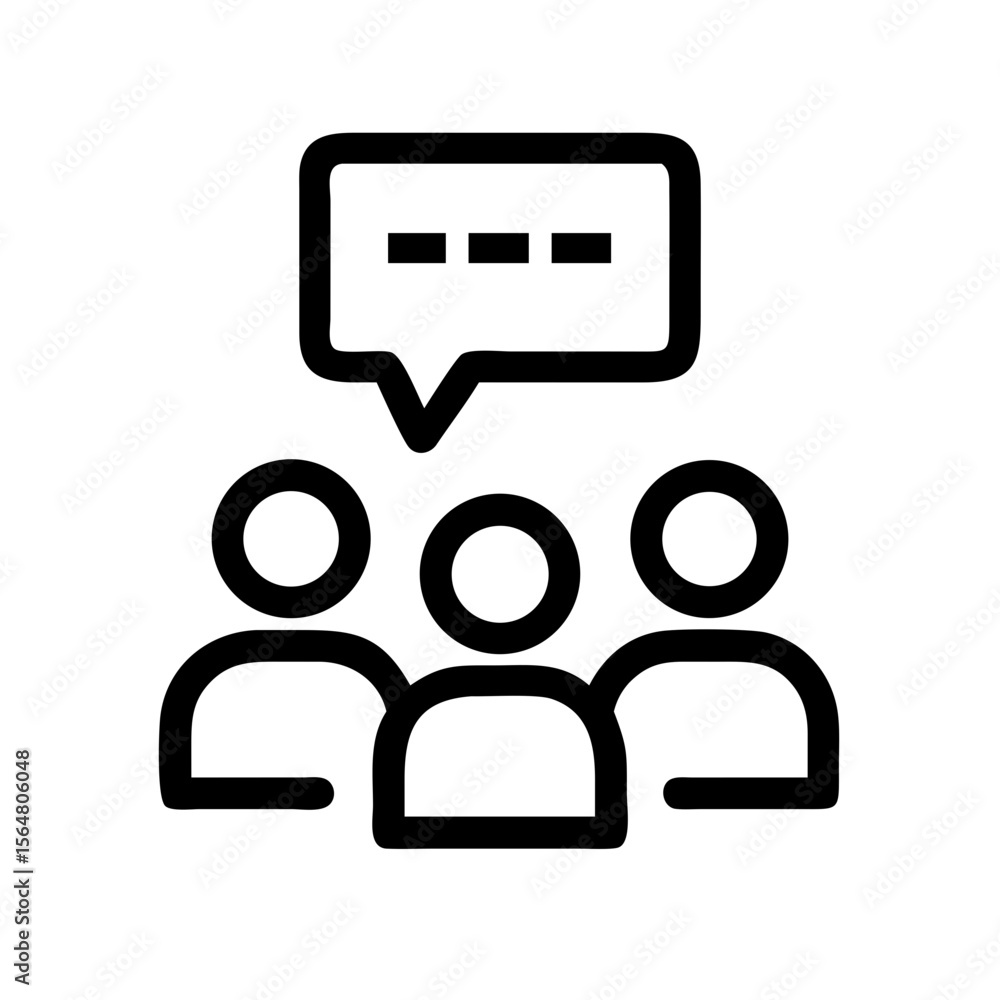 Poster group discussion icon showing three people communicating. simple group discussion symbol perfect for