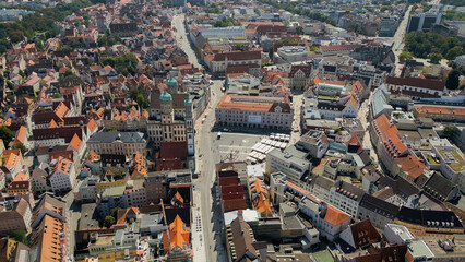 Aerial view of the old town and market place in the city Augsburg in Germany on an sunny day in spring