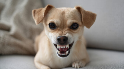 Fototapeta na wymiar Close-up of an angry puppy showing tiny teeth with a fierce expression in a cozy indoor setting with a couch and blanket