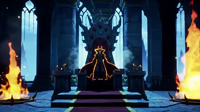 Cartoon throne room, a figure on a throne, surrounded by torches and pillar arches