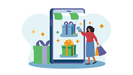 Woman shopping online with mobile phone choosing gifts from e commerce store interface with shopping bags