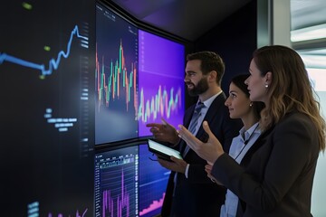 Group of investors discussing stock performance in front of a large screen display.