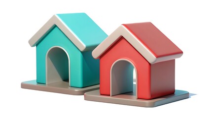 Colorful 3d rendered dog houses in bright colors isolated on white background representing comfort and shelter for pets or conceptual housing.
